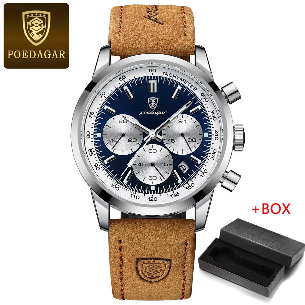 POEDAGAR Luxury Men's Chronograph Quartz Watch with Leather Strap, Waterproof, Luminous Features, and Calendar Function