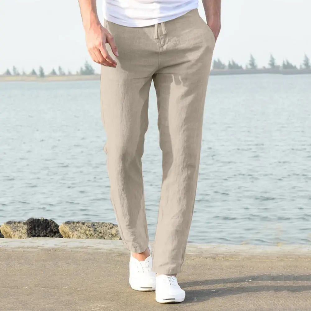 Men's High Waist Linen Cotton Summer Trousers - Vintage Wide Leg Pants with Elastic Band