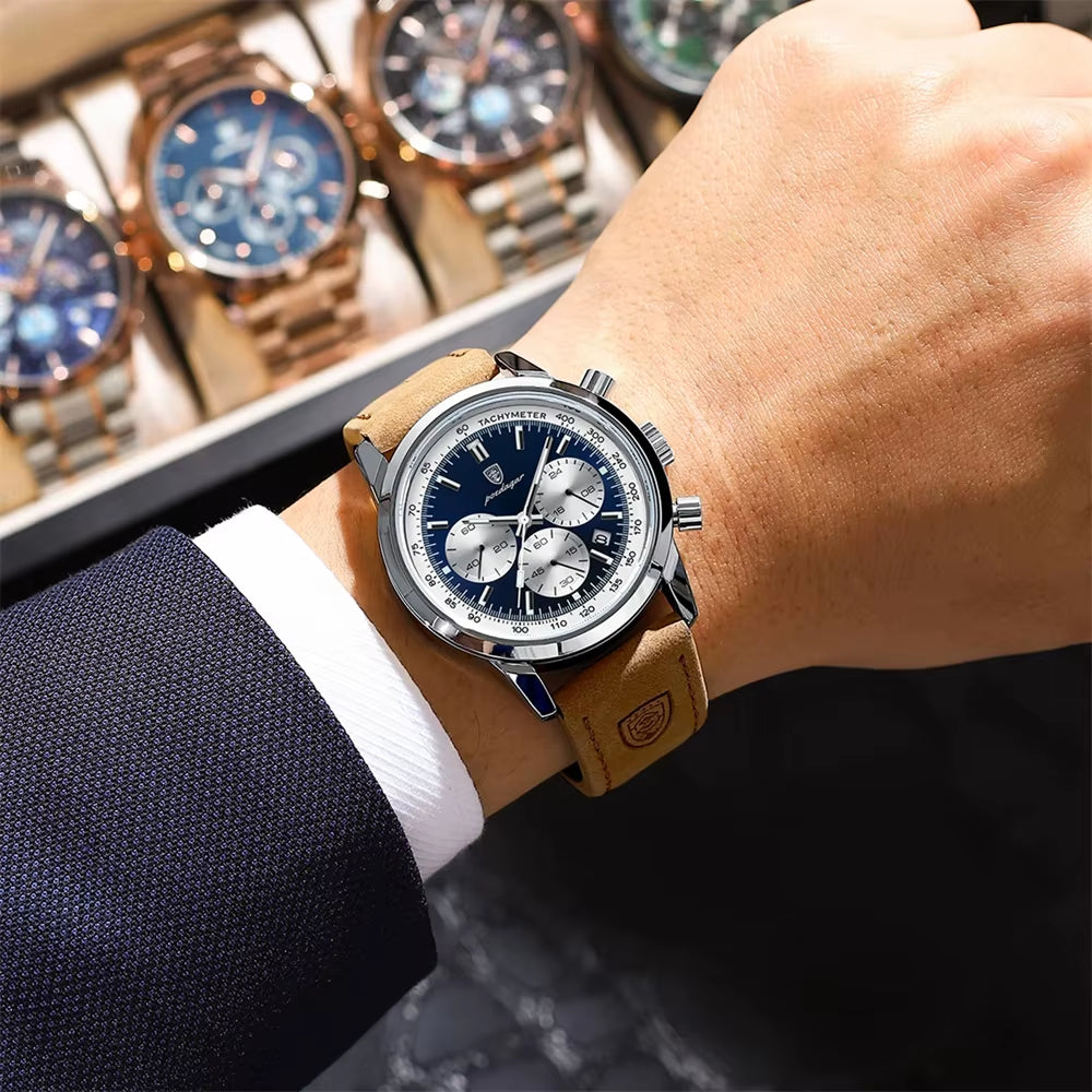 POEDAGAR Luxury Men's Chronograph Quartz Watch with Leather Strap, Waterproof, Luminous Features, and Calendar Function