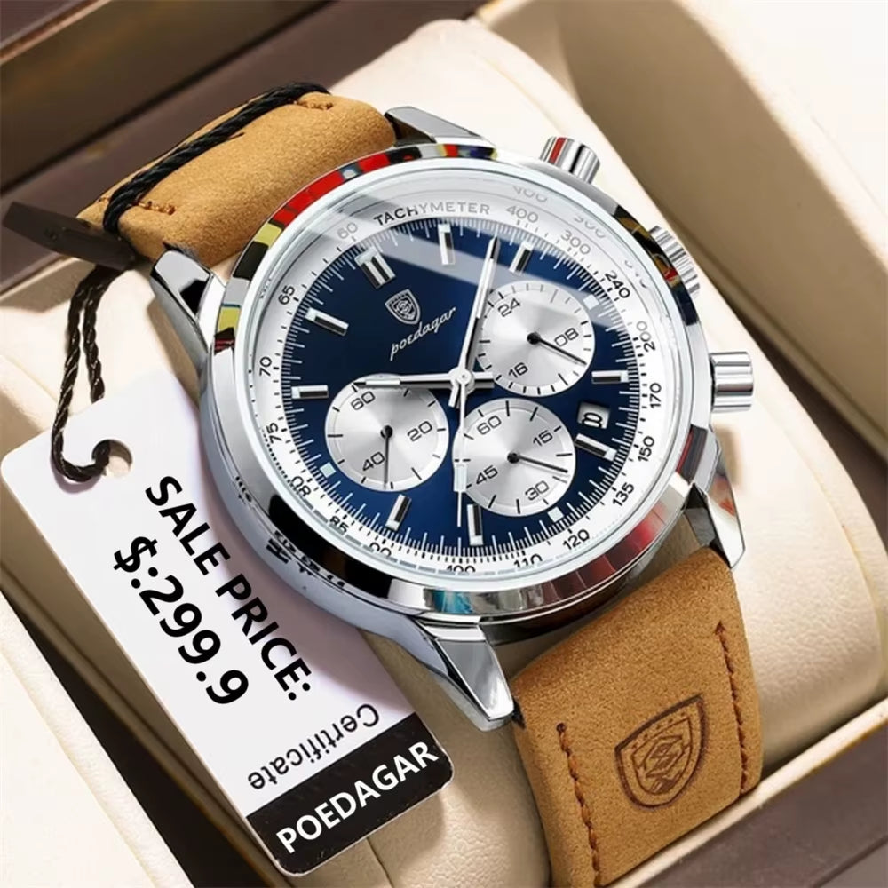 POEDAGAR Luxury Men's Chronograph Quartz Watch with Leather Strap, Waterproof, Luminous Features, and Calendar Function