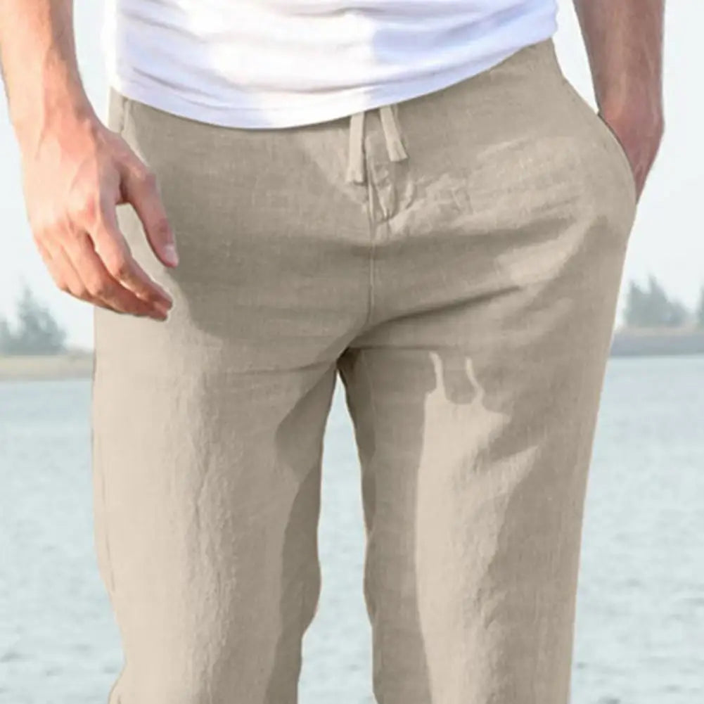 Men's High Waist Linen Cotton Summer Trousers - Vintage Wide Leg Pants with Elastic Band