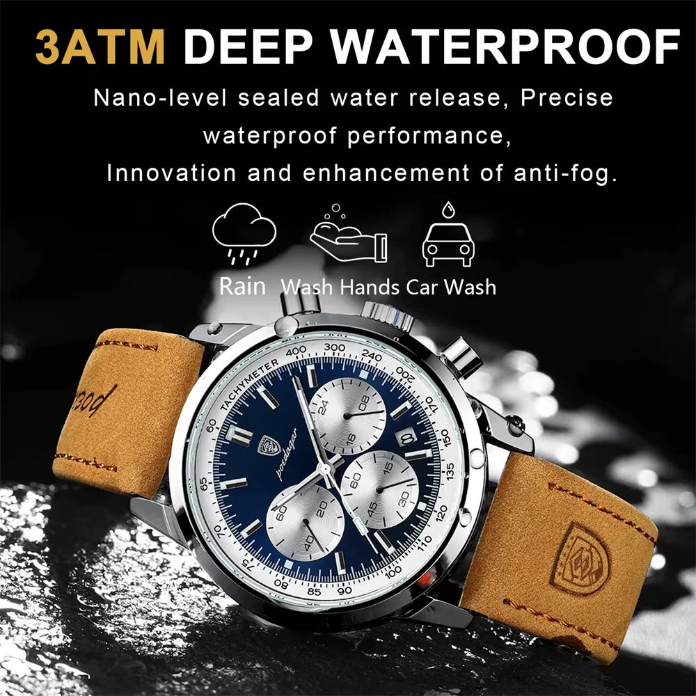 POEDAGAR Luxury Men's Chronograph Quartz Watch with Leather Strap, Waterproof, Luminous Features, and Calendar Function