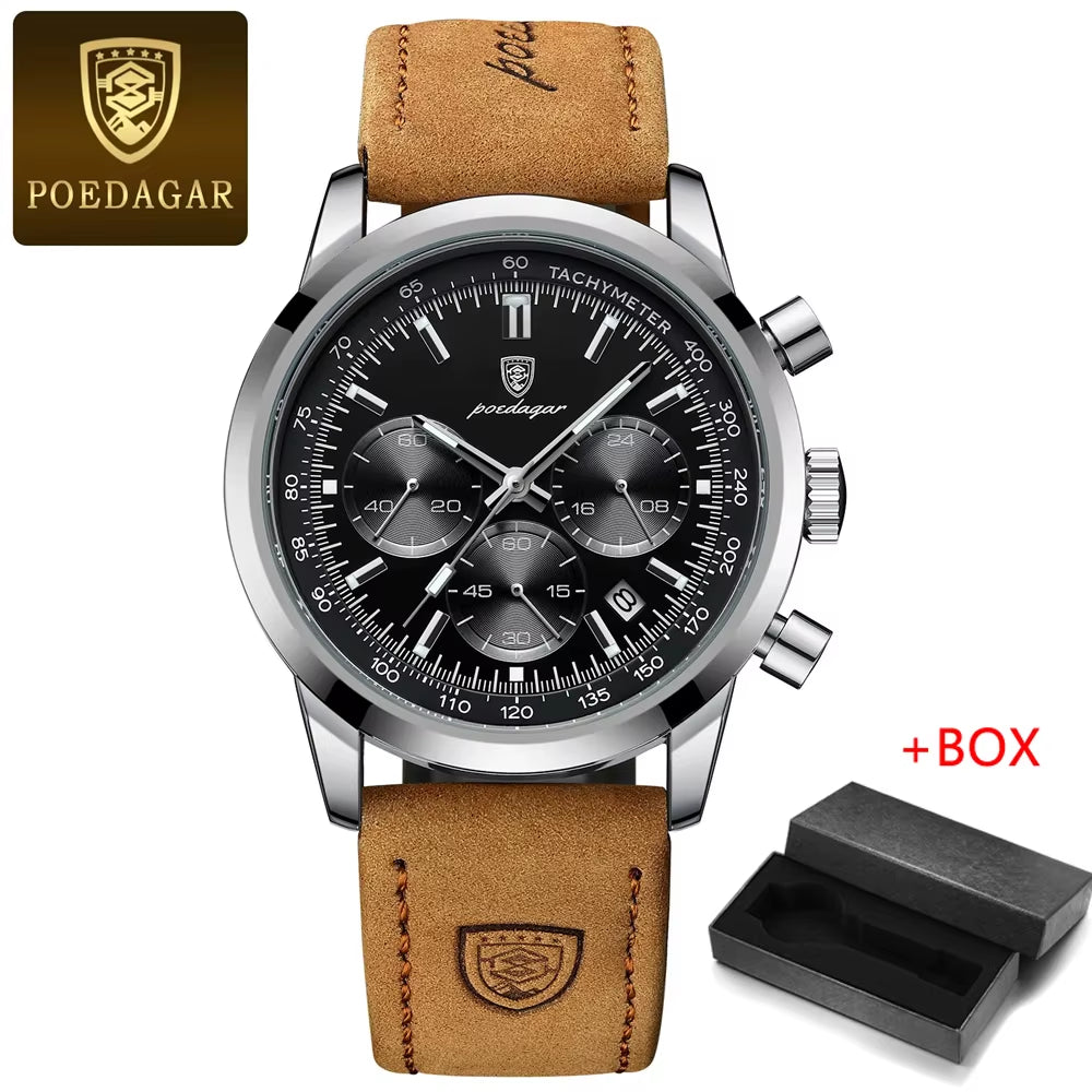 POEDAGAR Luxury Men's Chronograph Quartz Watch with Leather Strap, Waterproof, Luminous Features, and Calendar Function