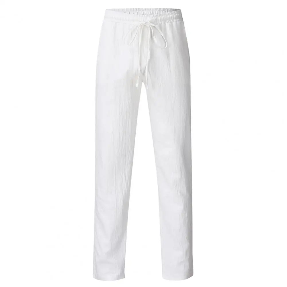 Men's High Waist Linen Cotton Summer Trousers - Vintage Wide Leg Pants with Elastic Band