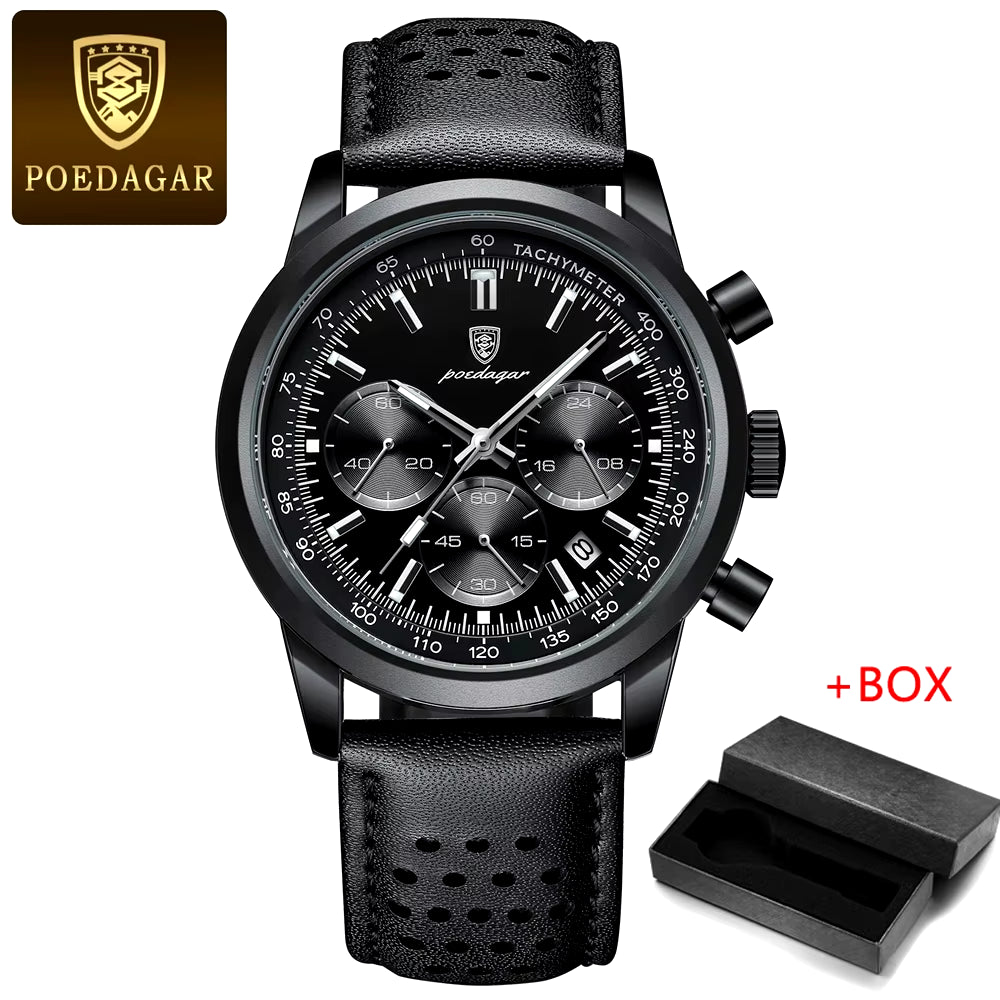 POEDAGAR Luxury Men's Chronograph Quartz Watch with Leather Strap, Waterproof, Luminous Features, and Calendar Function