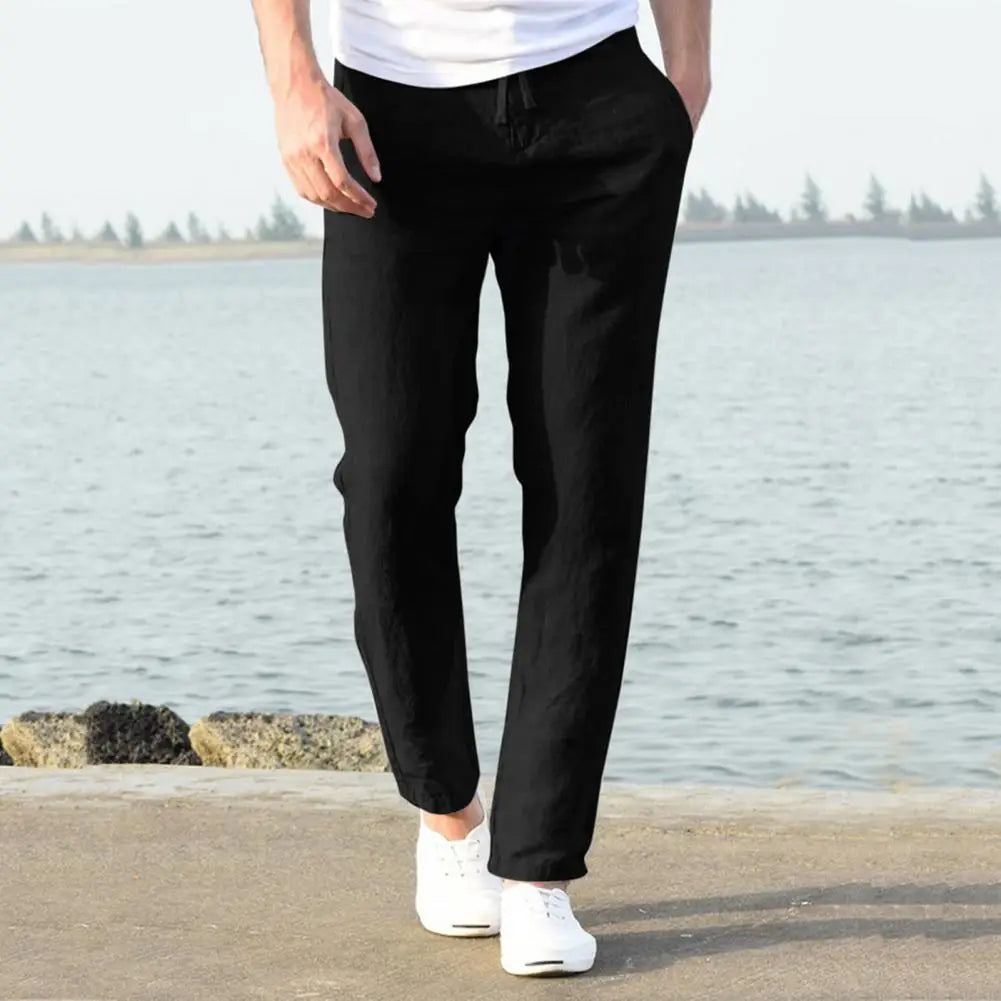 Men's High Waist Linen Cotton Summer Trousers - Vintage Wide Leg Pants with Elastic Band