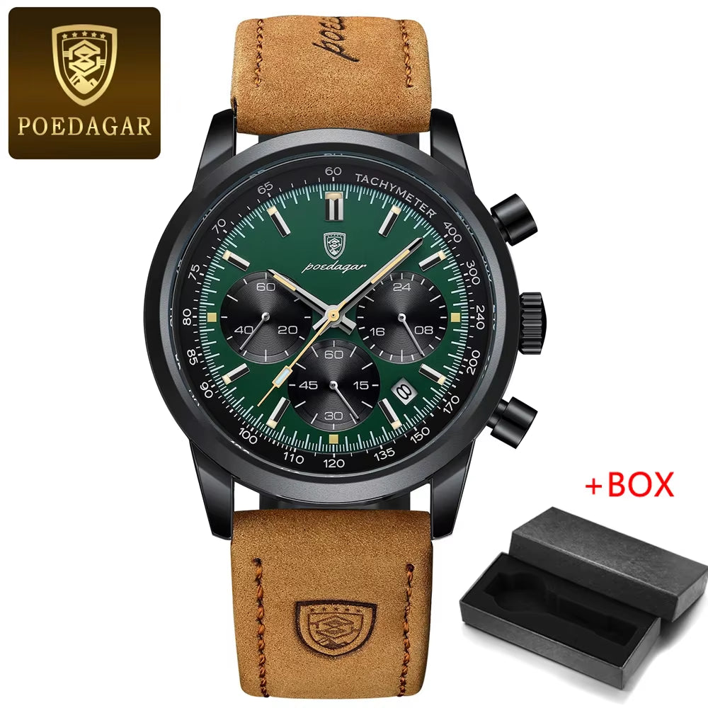 POEDAGAR Luxury Men's Chronograph Quartz Watch with Leather Strap, Waterproof, Luminous Features, and Calendar Function