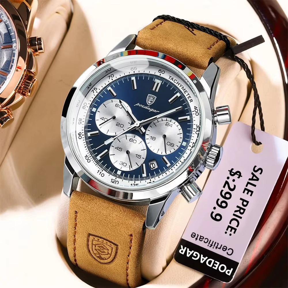 POEDAGAR Luxury Men's Chronograph Quartz Watch with Leather Strap, Waterproof, Luminous Features, and Calendar Function